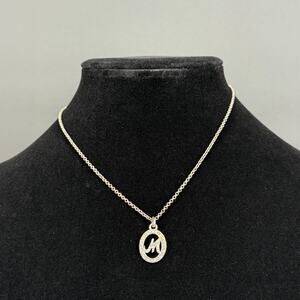 Dainty Silver Tone CZ Round Alphabet Letter M Monogram Medallion Necklace